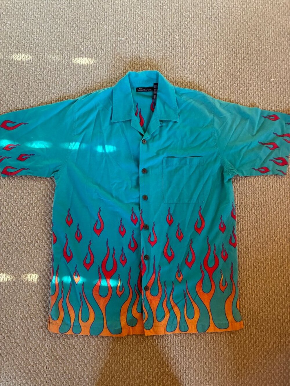 Vintage No Boundaries Flame Button Up Teal Blue Fire Bowler Hawaiian Shirt L